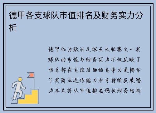 德甲各支球队市值排名及财务实力分析